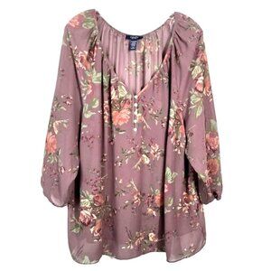 ladies size L Chaps purple floral v-neck elastic sleeve sheer blouse shirt top